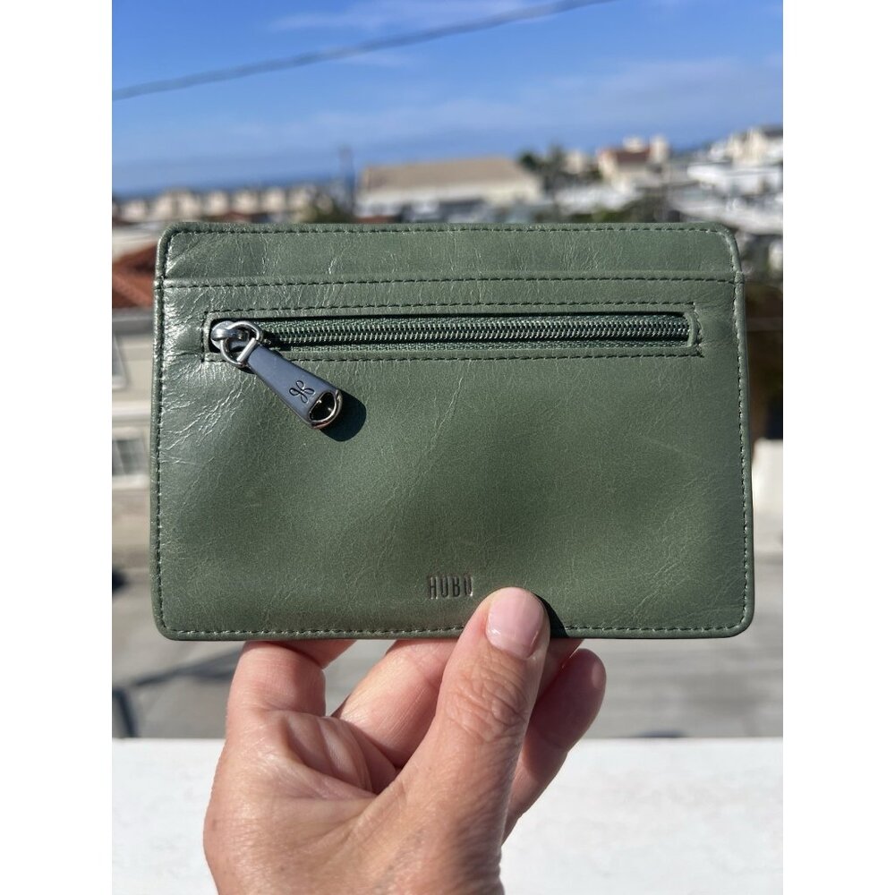 HOBO Olive Green Leather Card Wallet with Floral ID Window - Picture 2 of 7